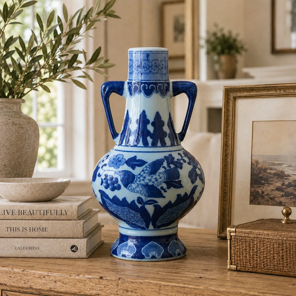 Vintage Blue and White Porcelain Bird Vase with Handles Chinoiserie 12 Inch